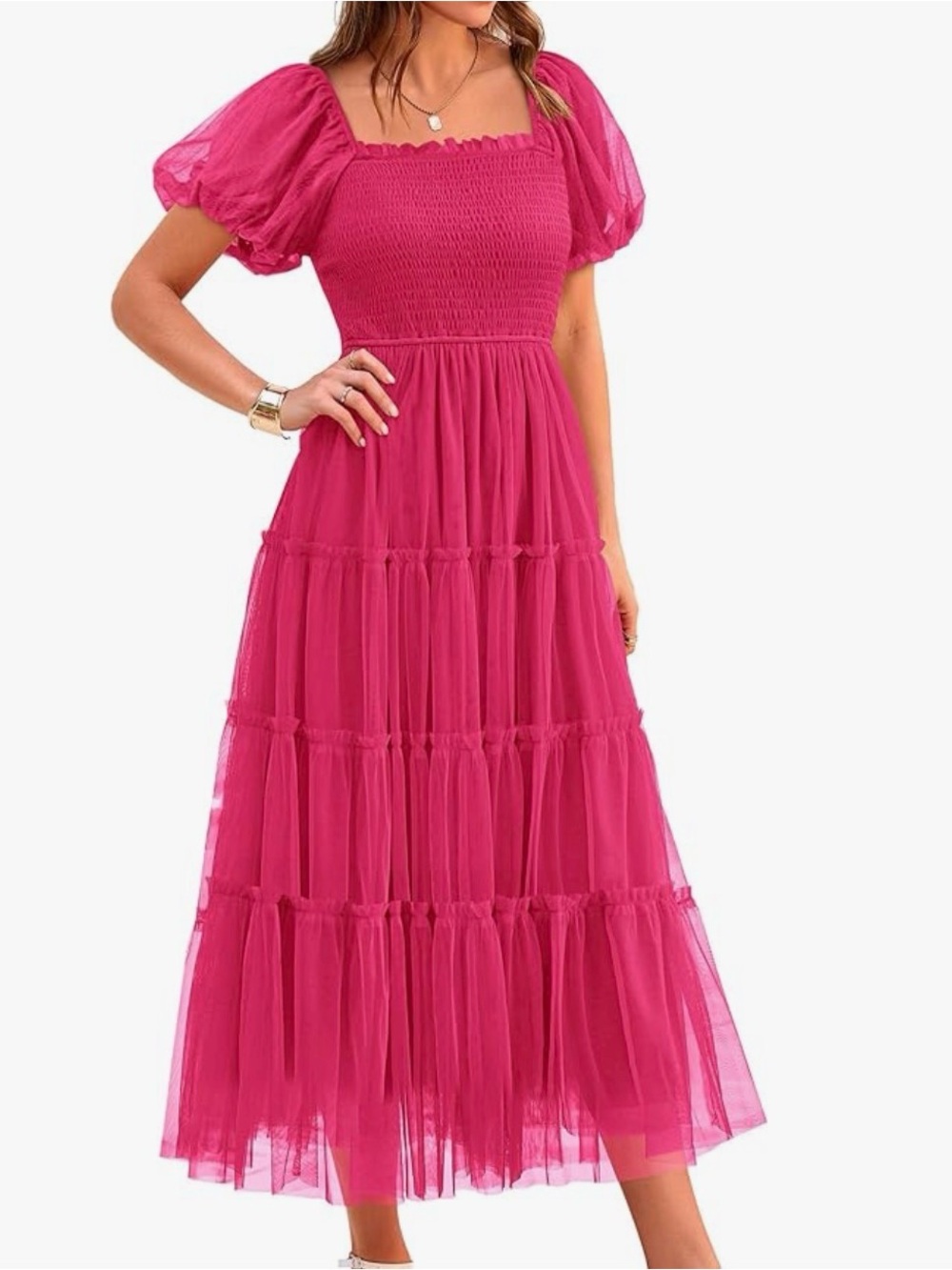Women’s Pink Puff Sleeve Smocked Bodice Maxi Dress